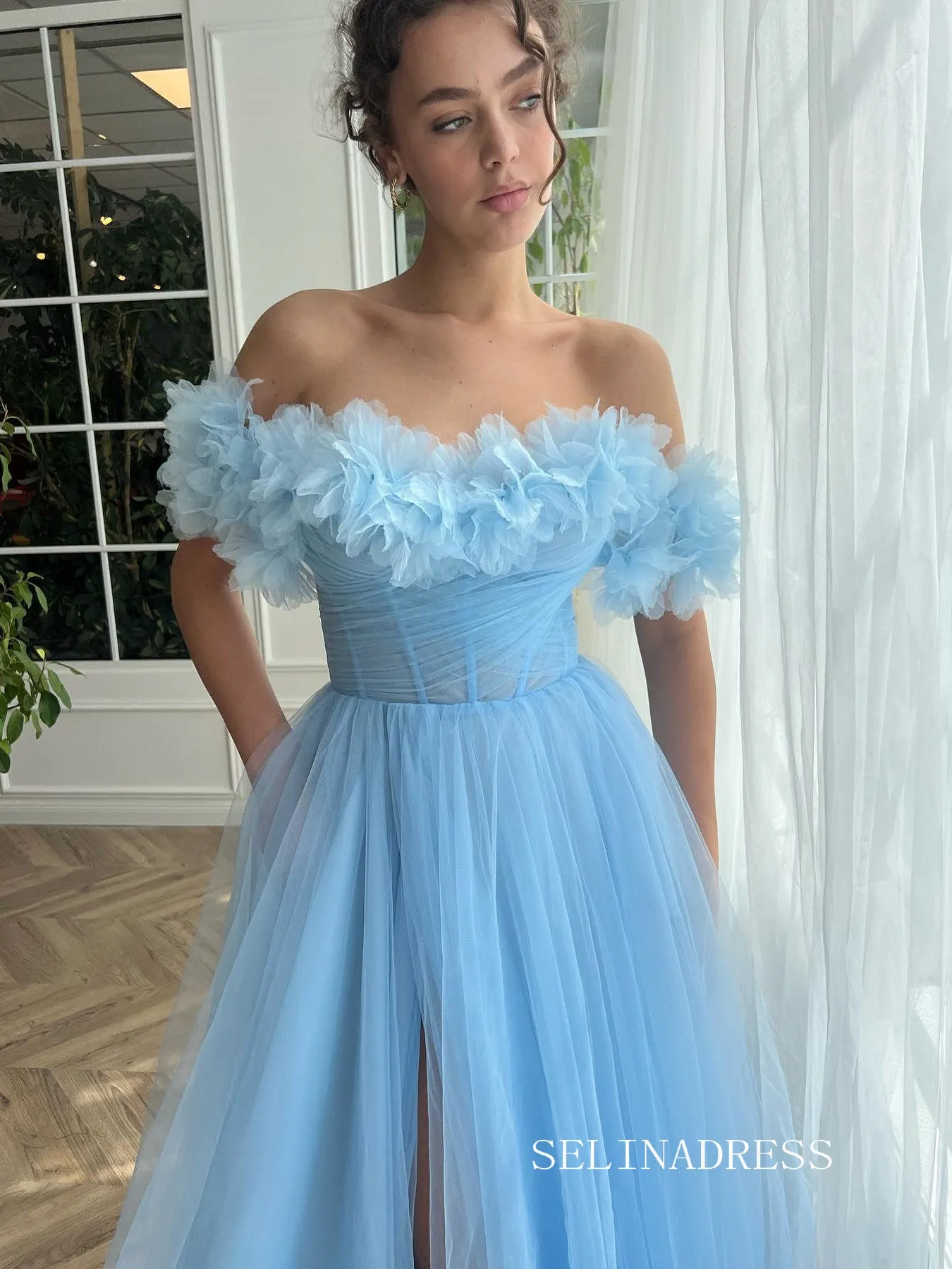 A-line Strapless Gorgeous Prom Dress Light Sky Blue Long Evening Dresses SEA033