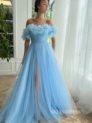 A-line Strapless Gorgeous Prom Dress Light Sky Blue Long Evening Dresses SEA033