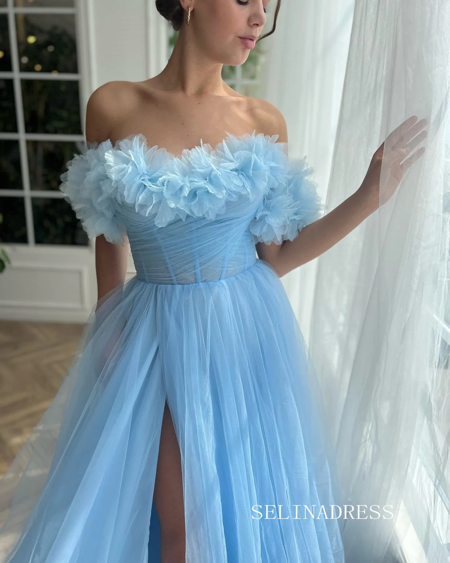 A-line Strapless Gorgeous Prom Dress Light Sky Blue Long Evening Dresses SEA033