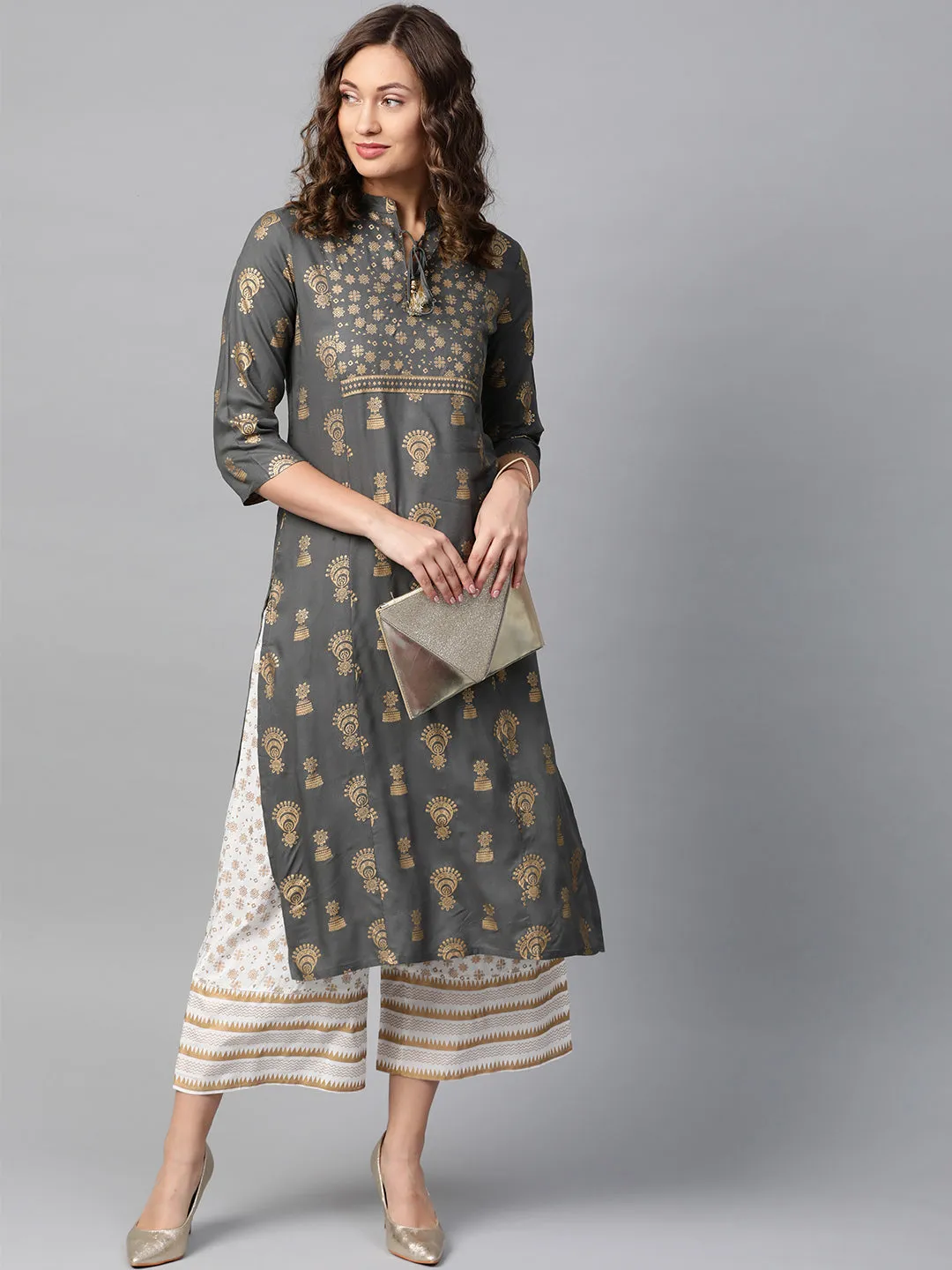 Anubhutee Women Grey  Off-White Foil Print Kurta with Palazzos