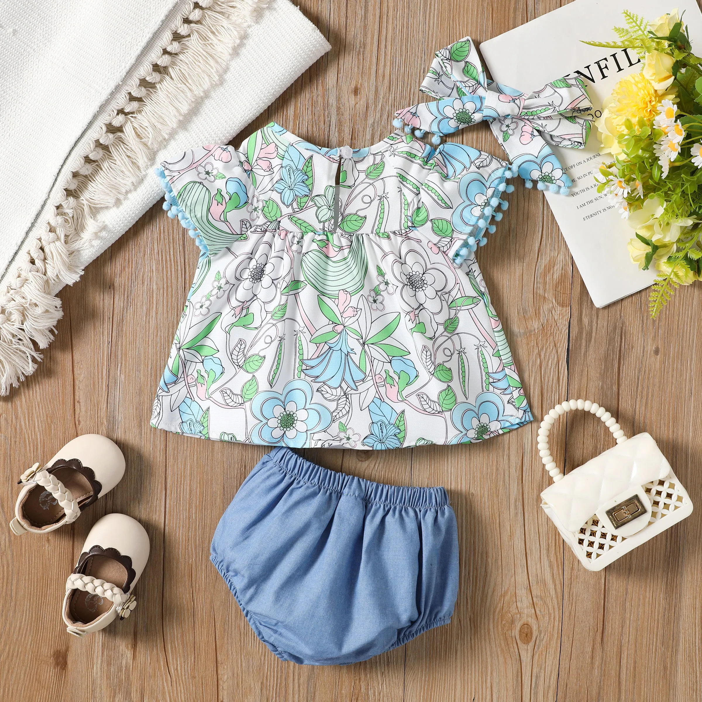 Baby Girl 3pcs Floral Pattern Blouse Top and Shorts with Headband Set