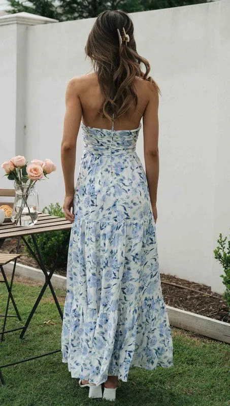 Blue Chiffon V neck Floral Maxi Dress