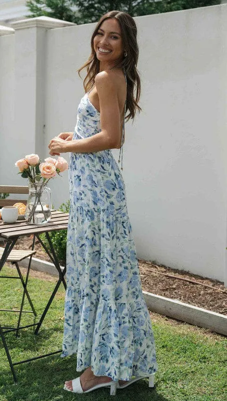 Blue Chiffon V neck Floral Maxi Dress