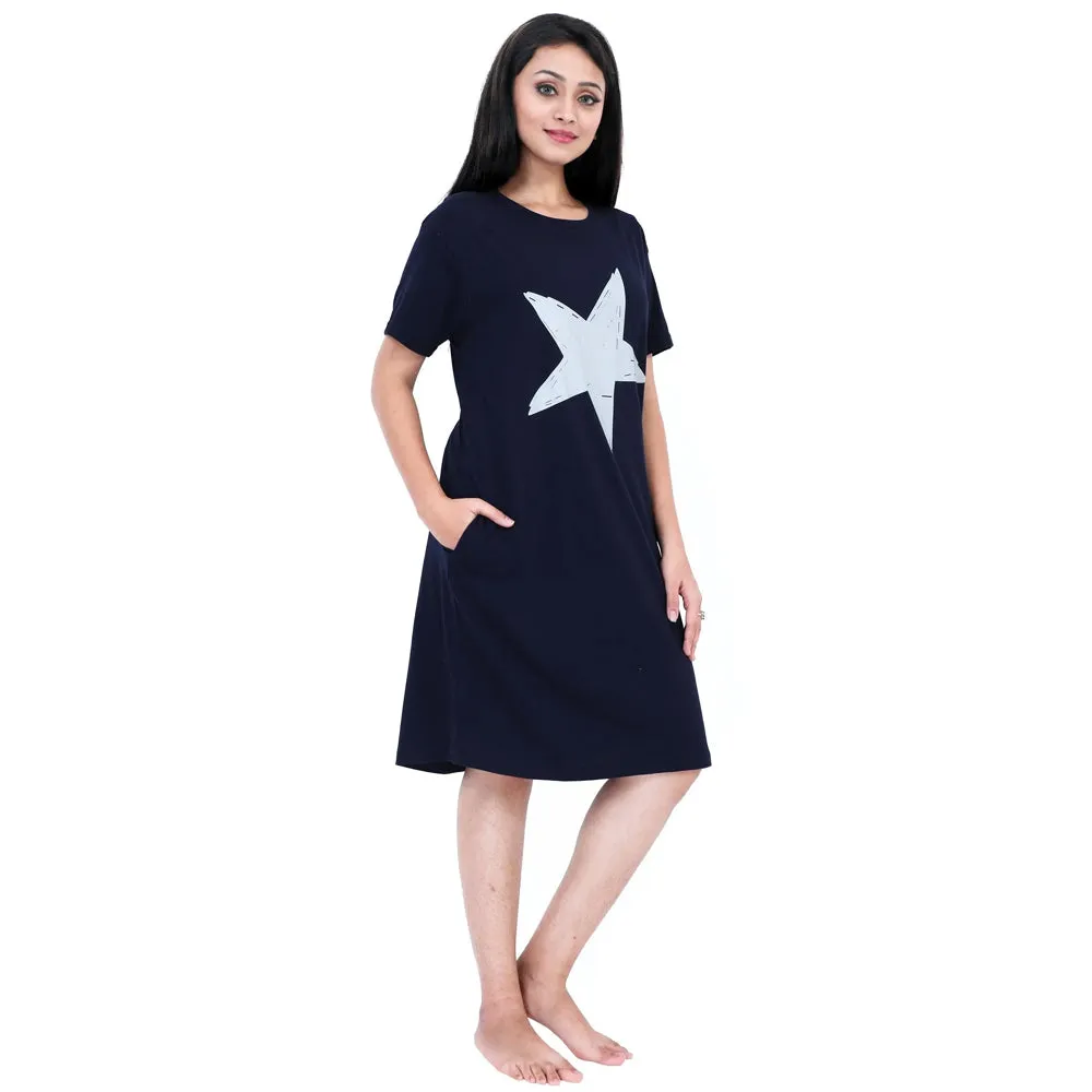 Blue Star Printed Short Cotton Dress