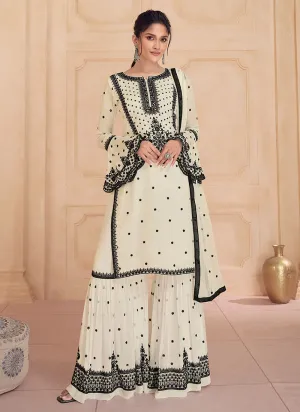 Cream White Thread Embroidery Gharara Style Suit