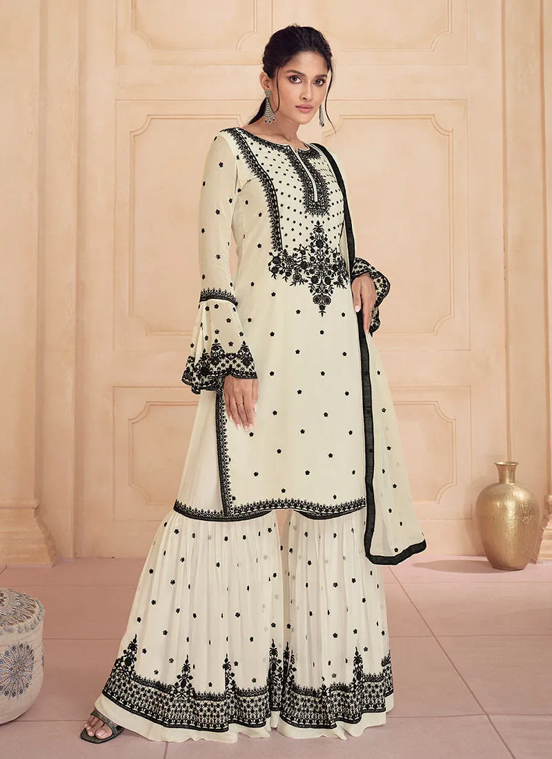 Cream White Thread Embroidery Gharara Style Suit