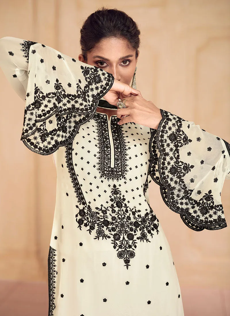 Cream White Thread Embroidery Gharara Style Suit