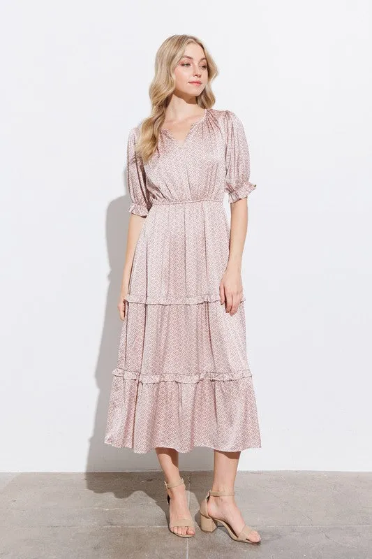 Dusty Salmon Tiered Midi Dress With Ruffle Detail