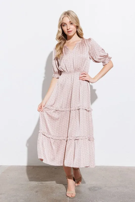 Dusty Salmon Tiered Midi Dress With Ruffle Detail