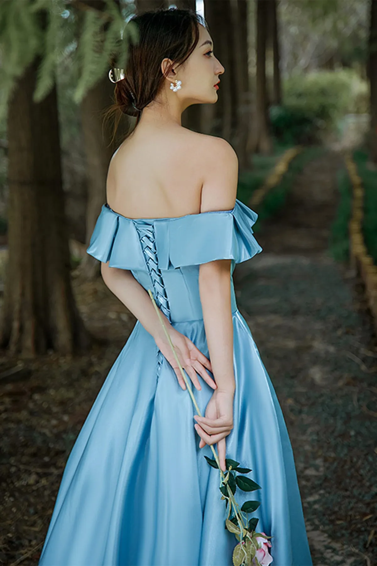 Elegant Off Shoulder Light Blue Satin Long Prom Dresses, Off the Shoulder Blue Formal Graduation Evening Dresses