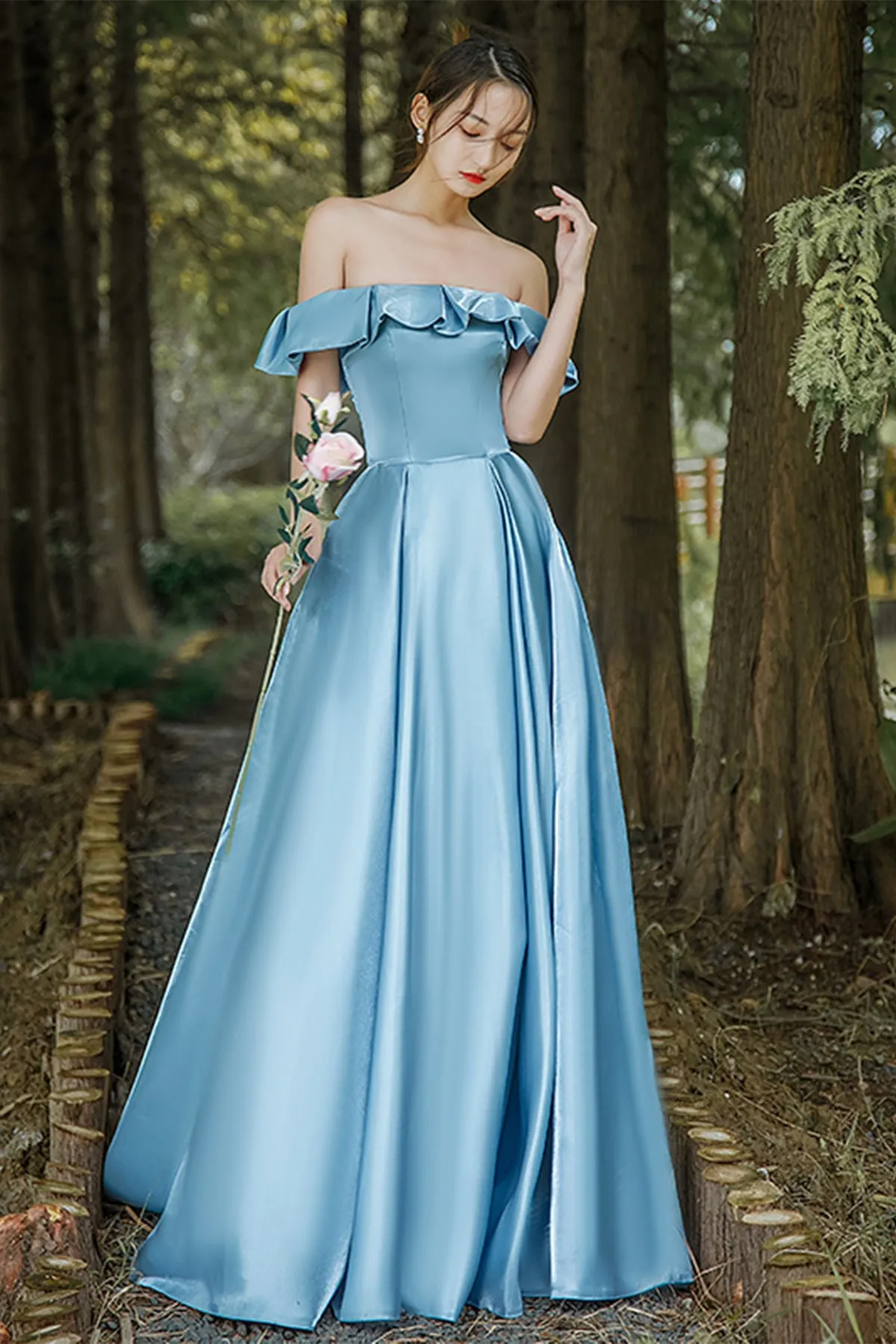 Elegant Off Shoulder Light Blue Satin Long Prom Dresses, Off the Shoulder Blue Formal Graduation Evening Dresses