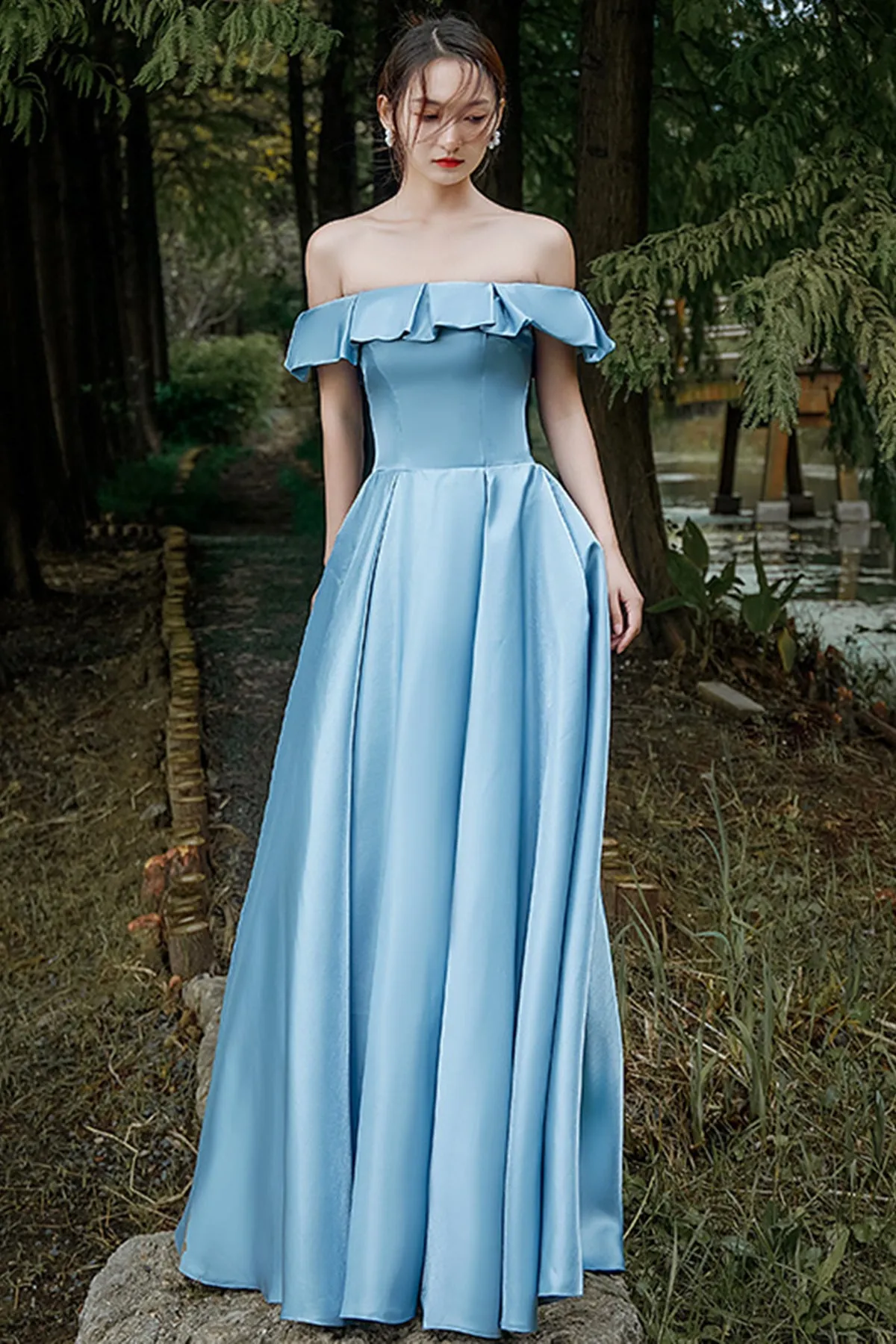 Elegant Off Shoulder Light Blue Satin Long Prom Dresses, Off the Shoulder Blue Formal Graduation Evening Dresses