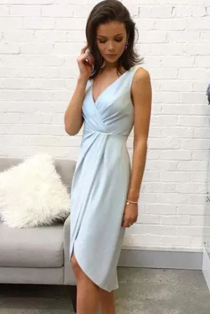 Elegant V Neck Sleeveless Light Blue Short Homecoming Dresses,Cocktail Dresses OKC43