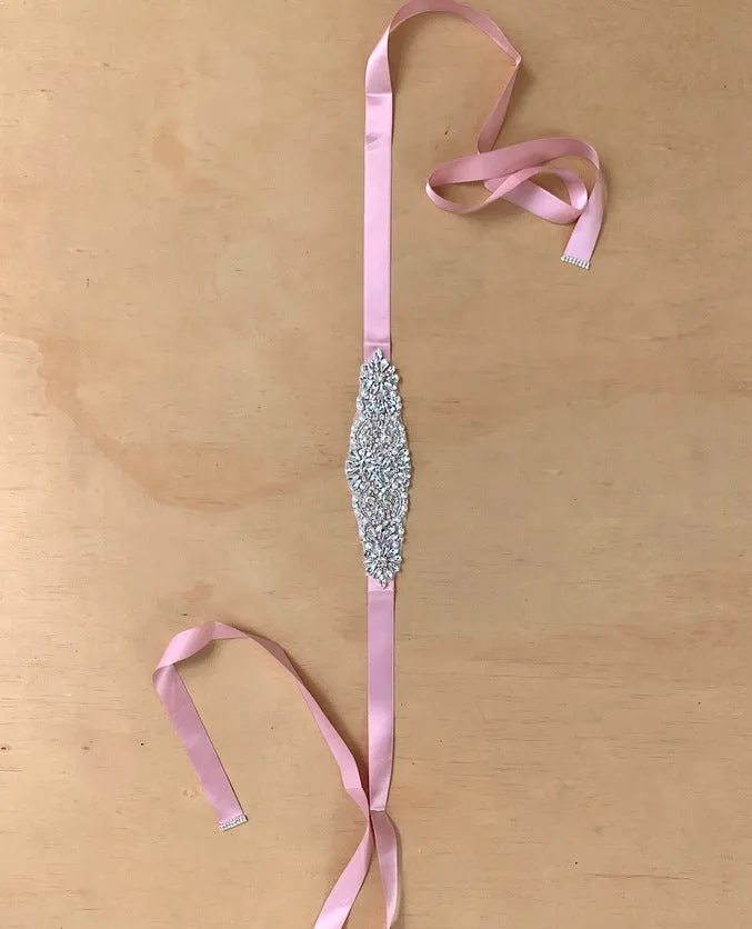 Girls Diamante Sash Belt - Dusty Pink - Silver Diamantes