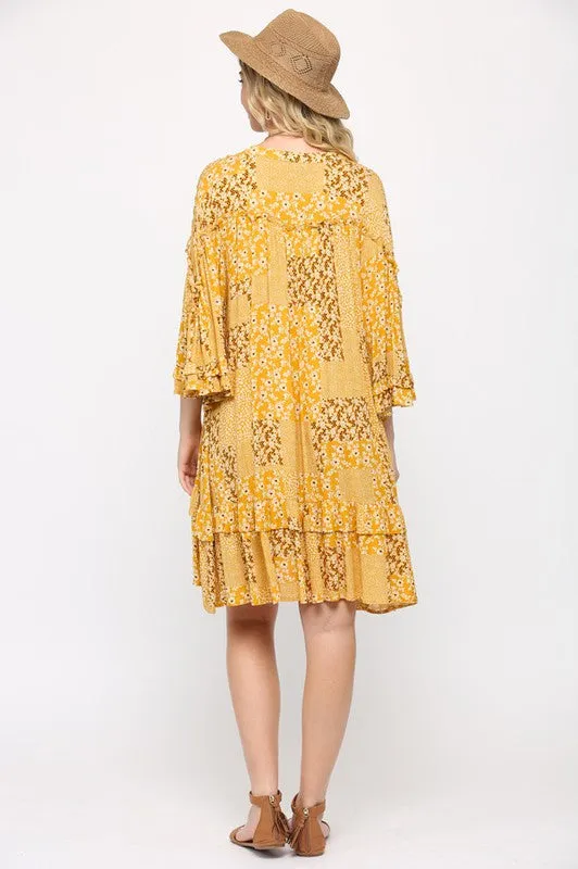 Golden Rayon Gauze Print Drop Down Dress