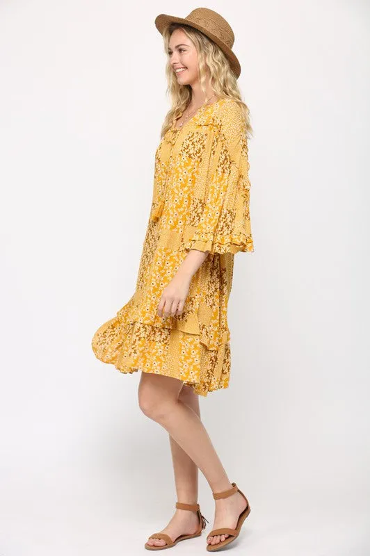 Golden Rayon Gauze Print Drop Down Dress