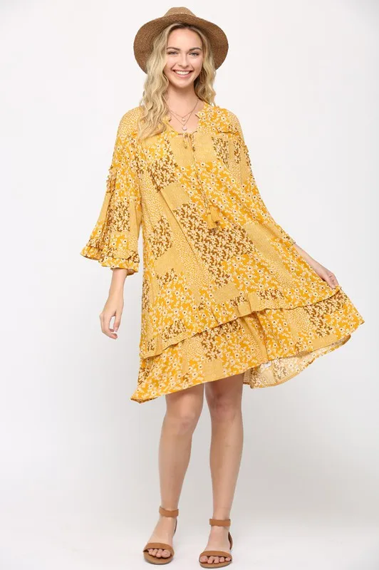 Golden Rayon Gauze Print Drop Down Dress