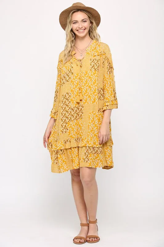 Golden Rayon Gauze Print Drop Down Dress