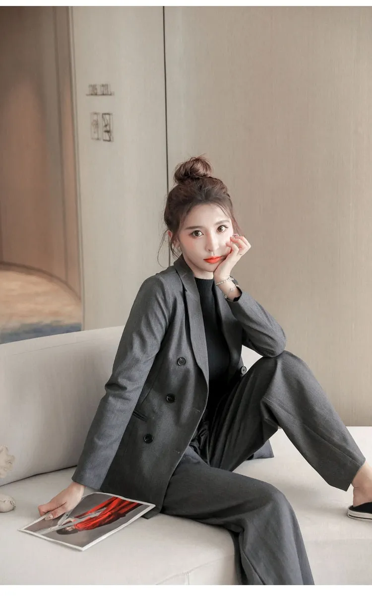 Graduation gift Women's Spring Casual Blazer Pantsuit Fashion Long Sleeve Jacket Wide Leg Pant 2 Piece Set Office Ladies Business Trousers Suit