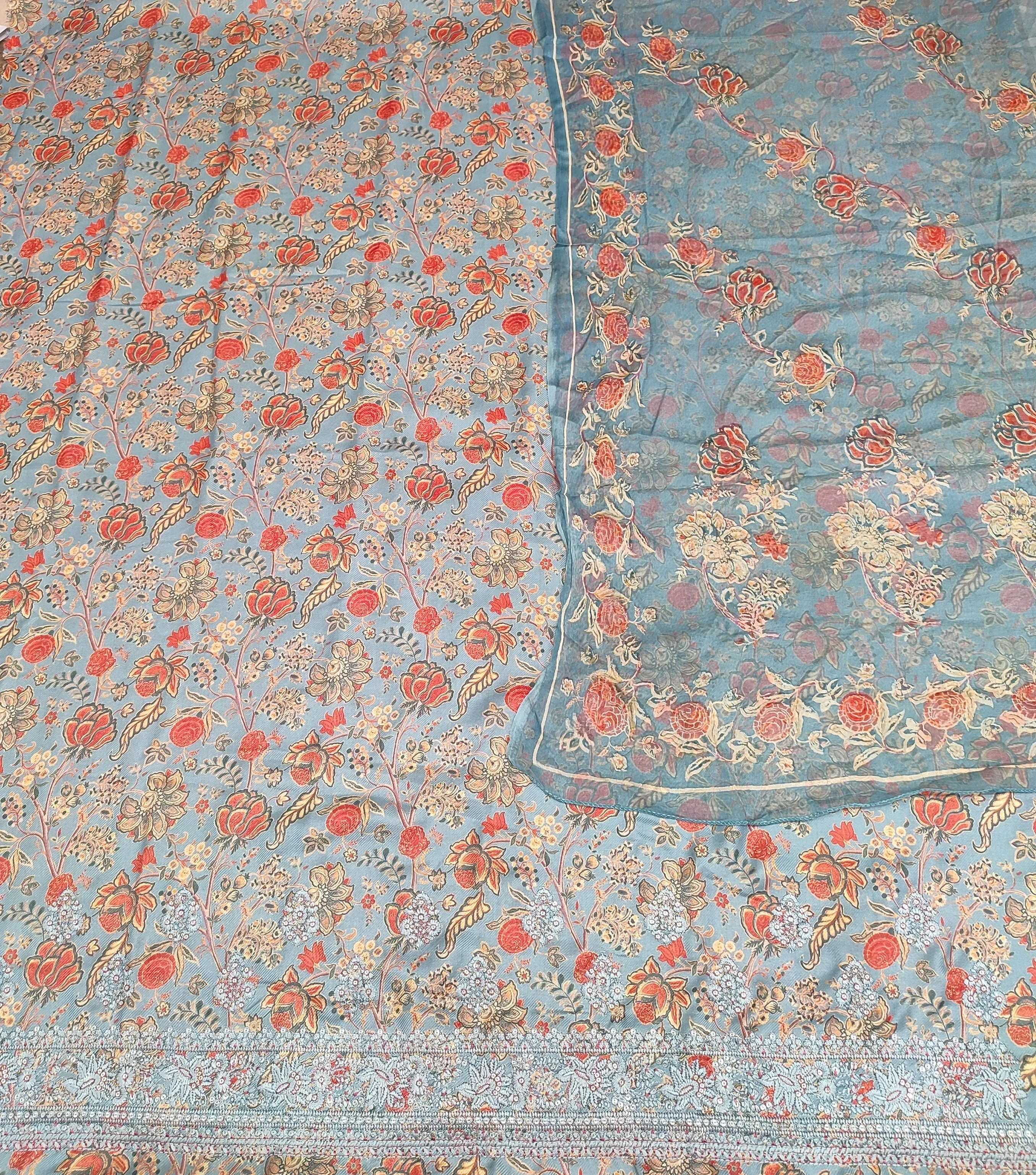 Grey Blue Pashmina Unstitched Suit With Thread Embroidery