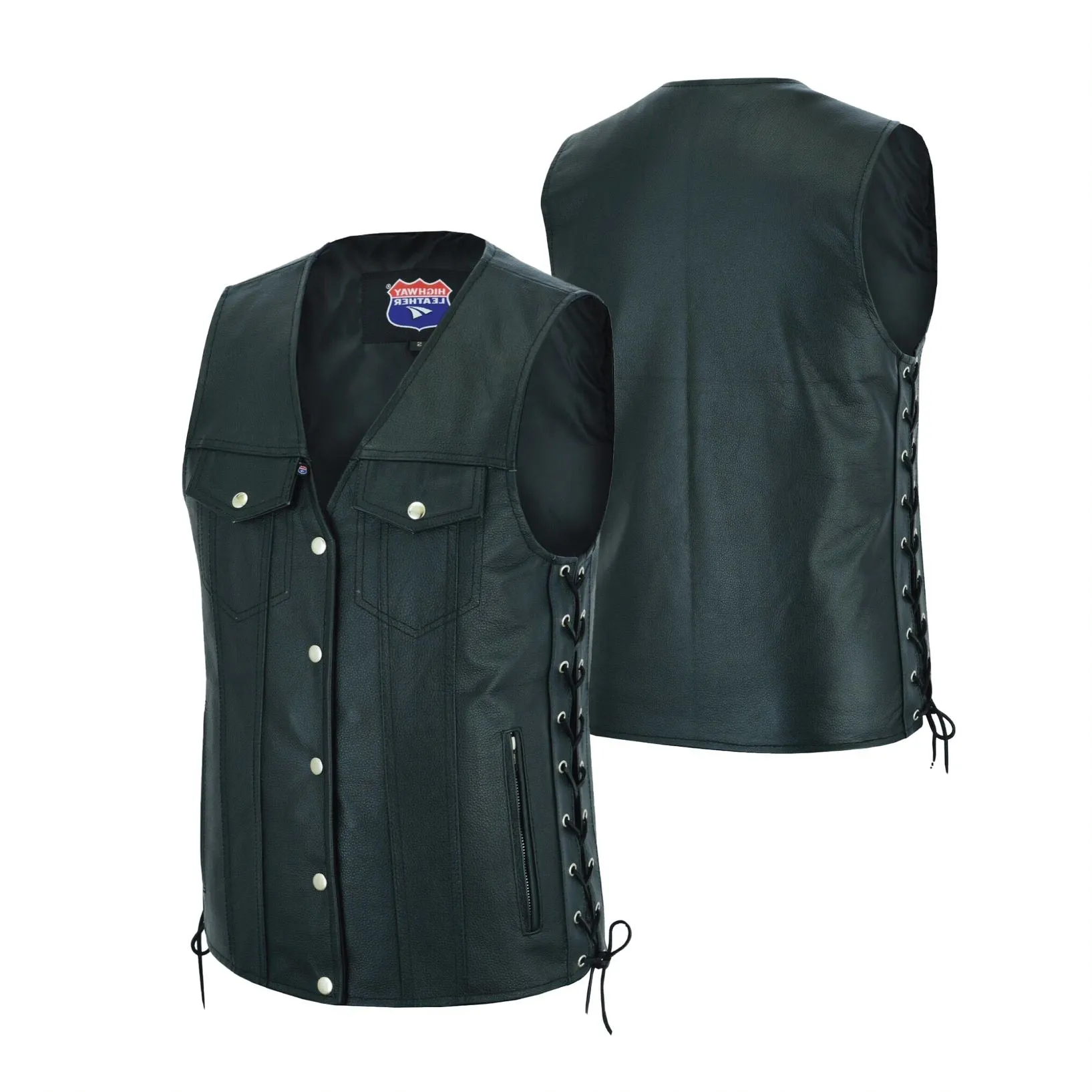 HL11360SPT Men Side Lace Leather Style Biker Motorcycle Leather Vest Gun Pockets Carry Arms