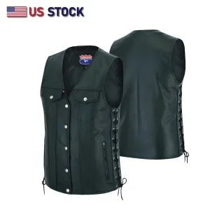 HL11360SPT Men Side Lace Leather Style Biker Motorcycle Leather Vest Gun Pockets Carry Arms