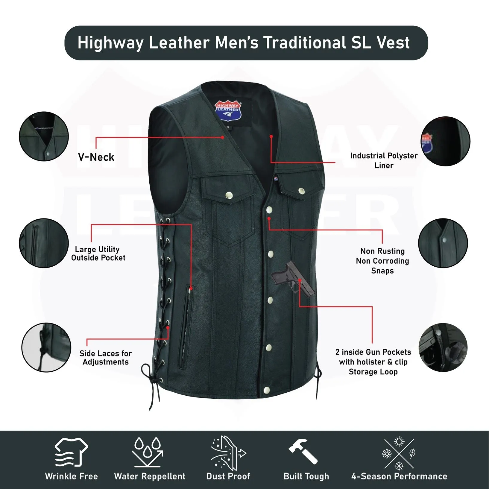 HL11360SPT Men Side Lace Leather Style Biker Motorcycle Leather Vest Gun Pockets Carry Arms