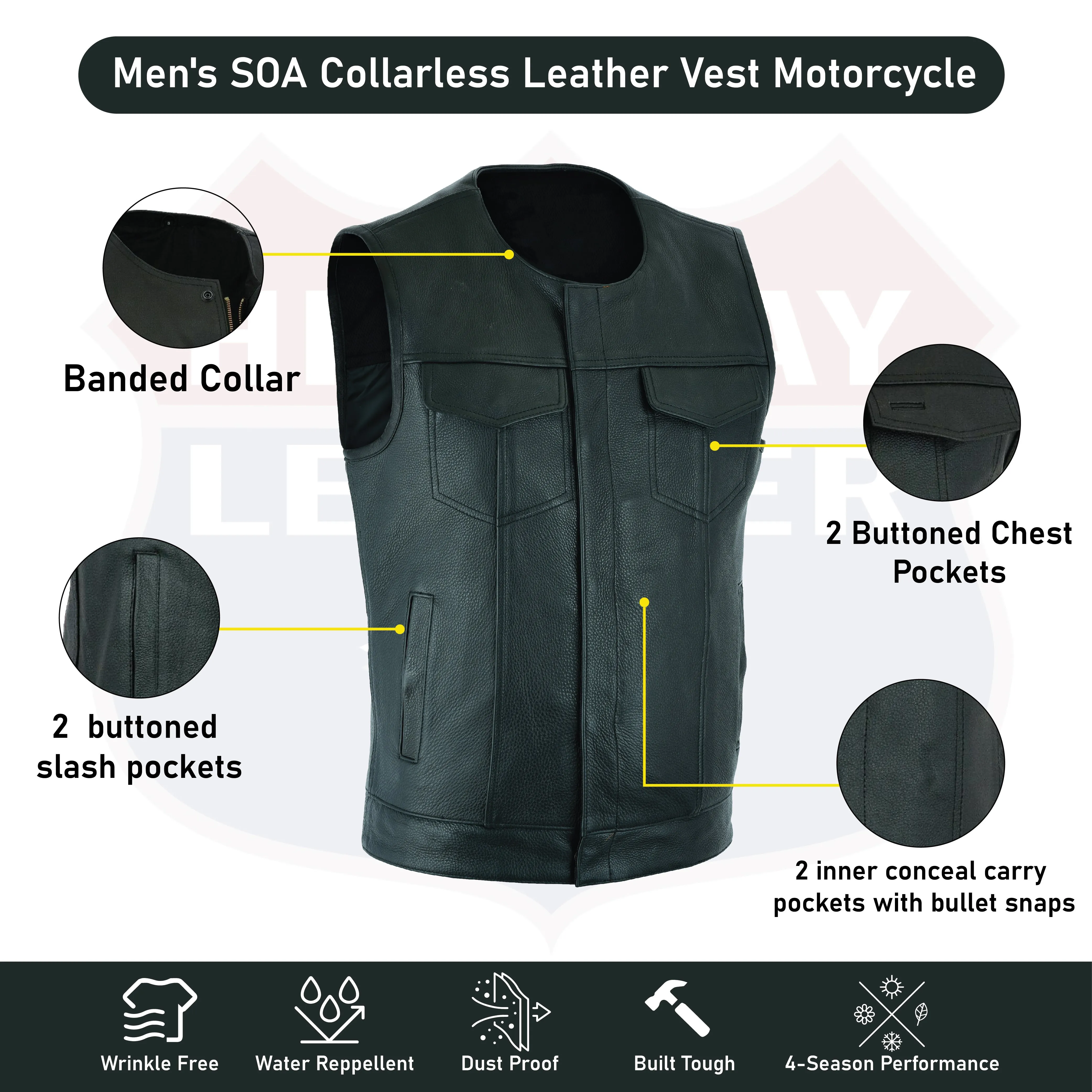 HL11639NKD BLACK Tifton Motorcycle Vest, Gun pockets, SOA Club, Hardcore Biker Vest