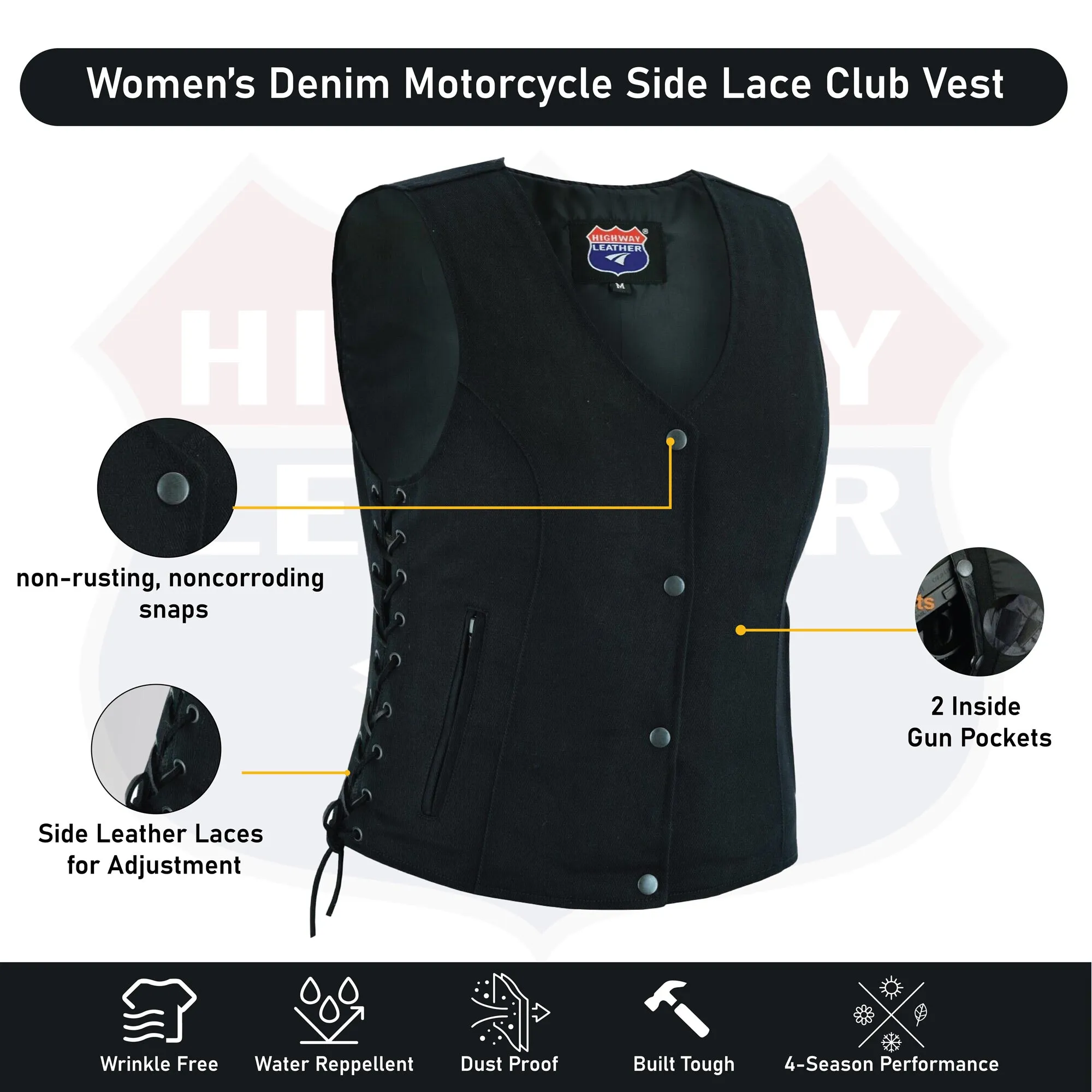 HL21851 Women’s Denim Motorcycle Side Lace Club Vest with 2 Inside Ammo Pocket