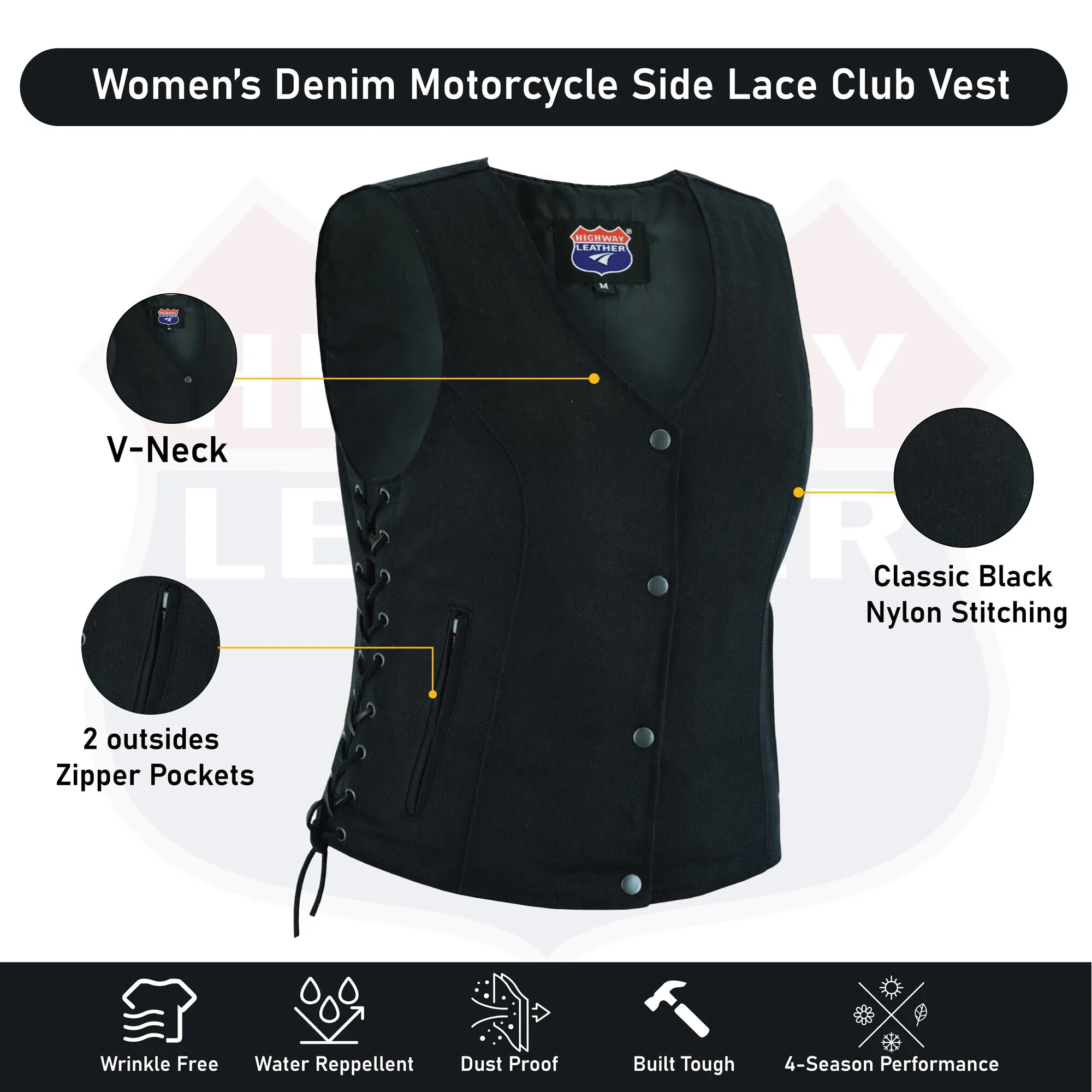 HL21851 Women’s Denim Motorcycle Side Lace Club Vest with 2 Inside Ammo Pocket