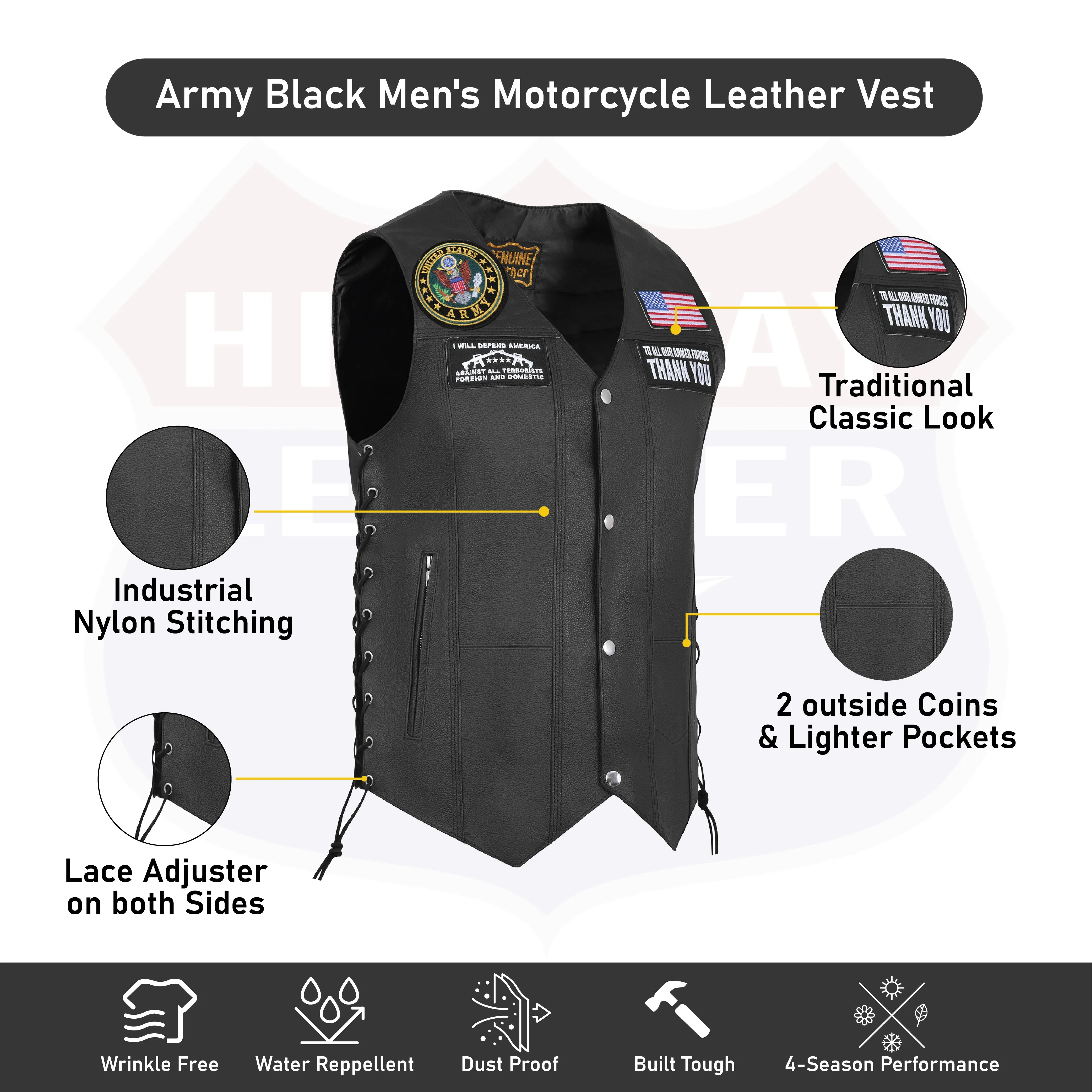 HL3540ARMY Black Men's Genuine Leather 10 Pockets Motorcycle Biker Vest ANARCHY Black SOA