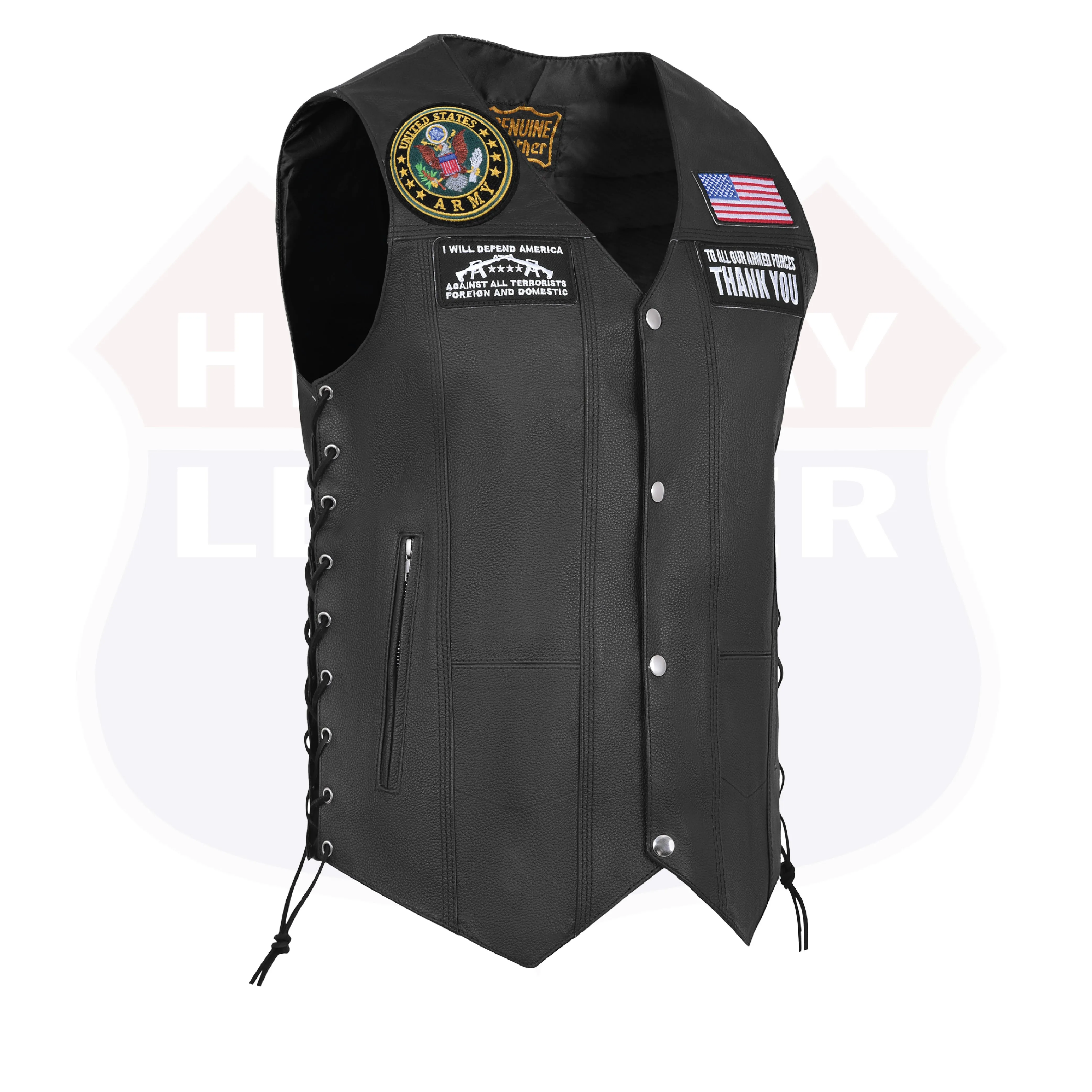 HL3540ARMY Black Men's Genuine Leather 10 Pockets Motorcycle Biker Vest ANARCHY Black SOA