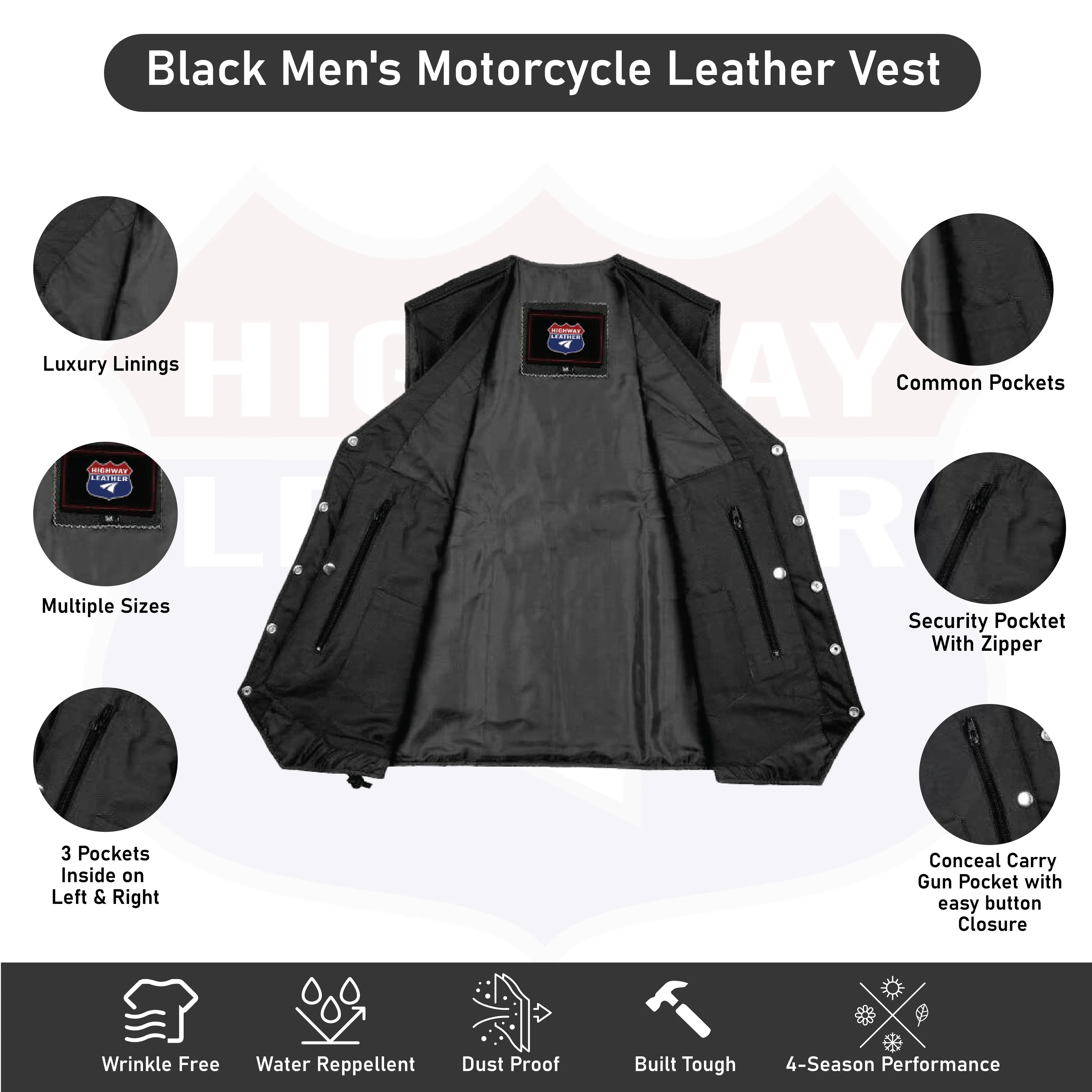 HL3540ARMY Black Men's Genuine Leather 10 Pockets Motorcycle Biker Vest ANARCHY Black SOA