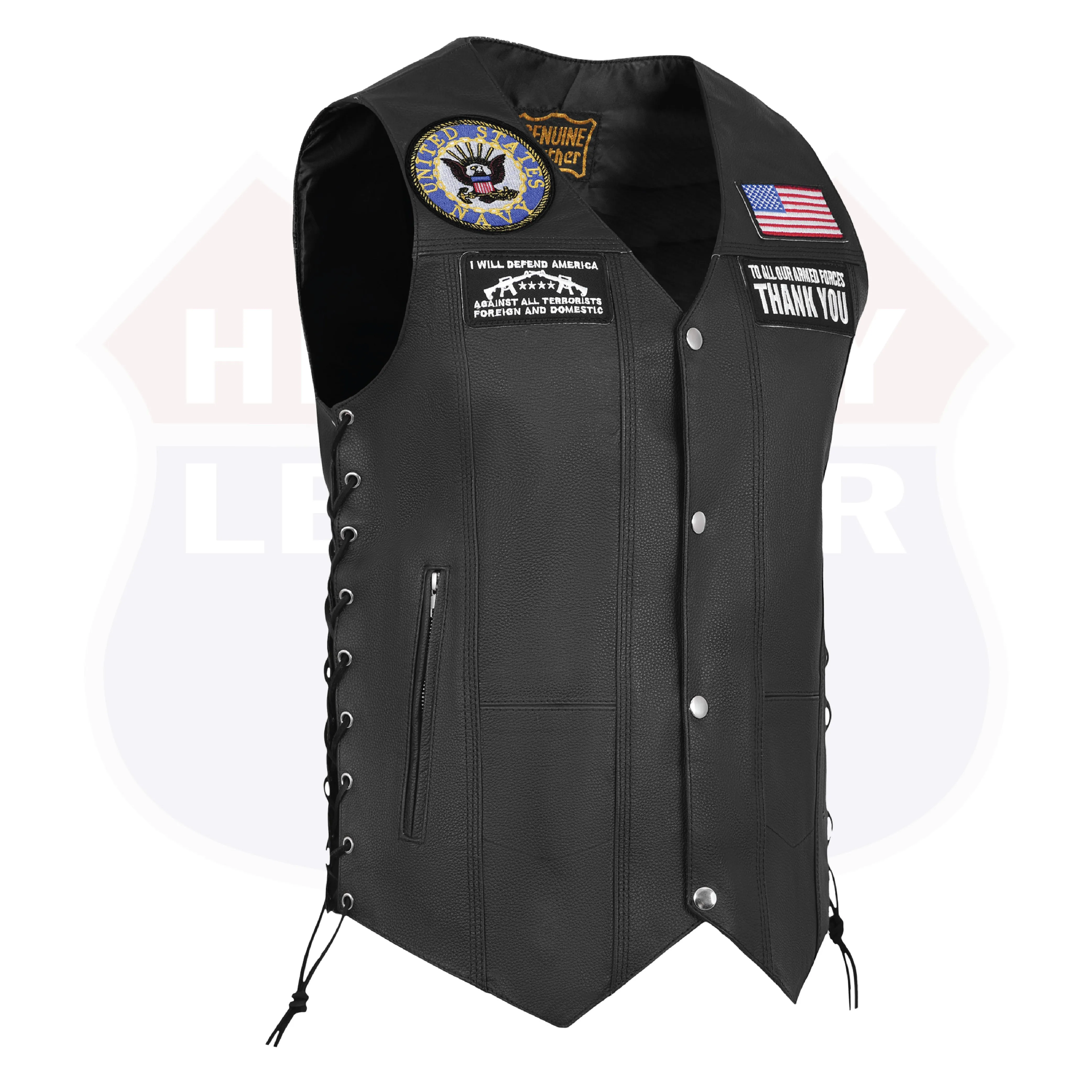 HL3540NAVY Black Men's Genuine Leather 10 Pockets Motorcycle Biker Vest ANARCHY Black SOA