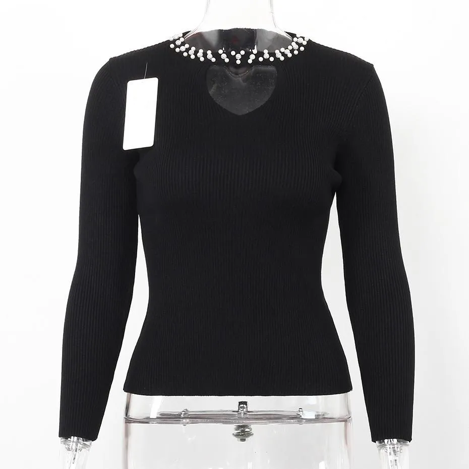 Hollow Out Beaded Long Sleeve Sweater