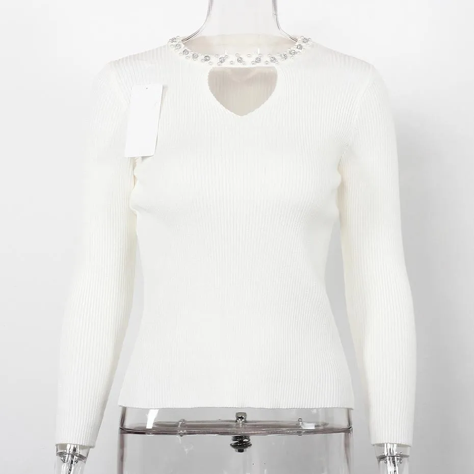 Hollow Out Beaded Long Sleeve Sweater