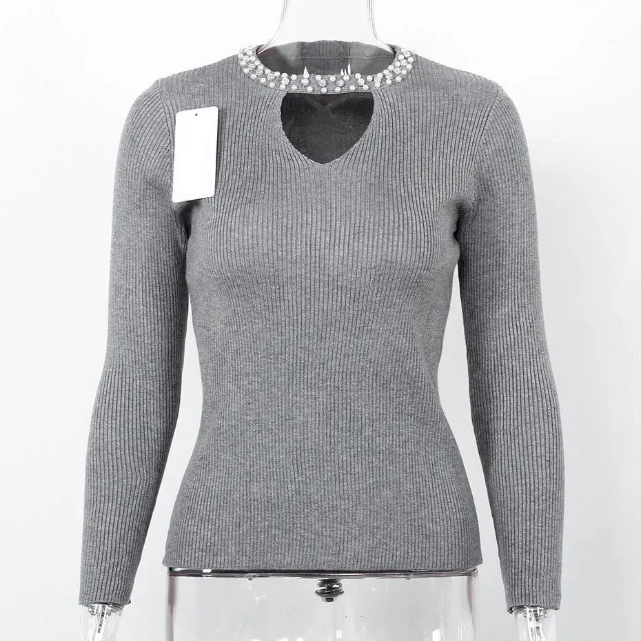 Hollow Out Beaded Long Sleeve Sweater