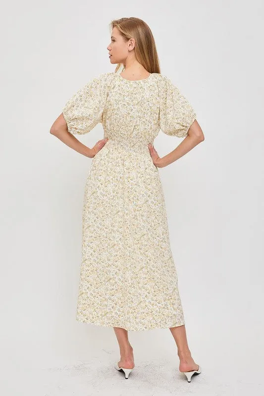 Ivory/Yellow Modest Smocked Floral Dress