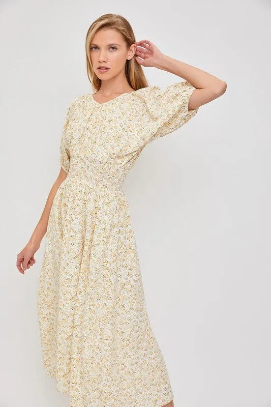 Ivory/Yellow Modest Smocked Floral Dress