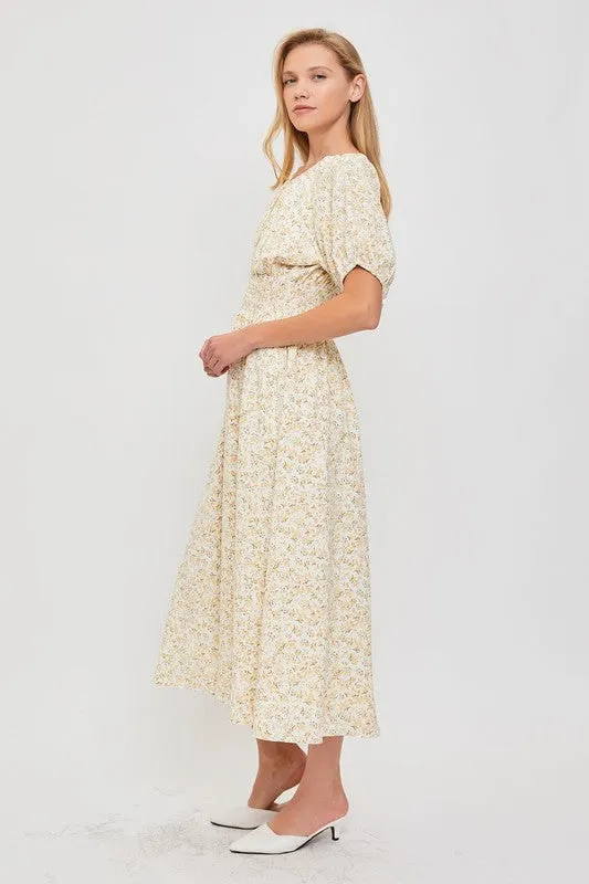 Ivory/Yellow Modest Smocked Floral Dress