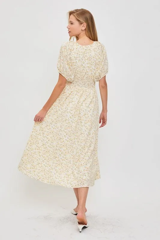 Ivory/Yellow Modest Smocked Floral Dress