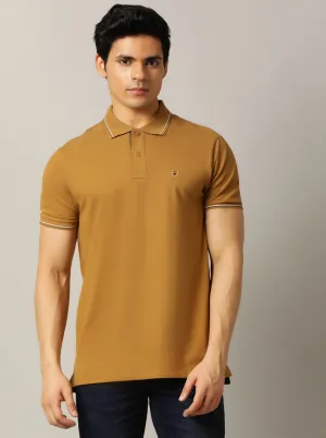 Khaki Solid Slim Fit Polo T-Shirt | JadeBlue