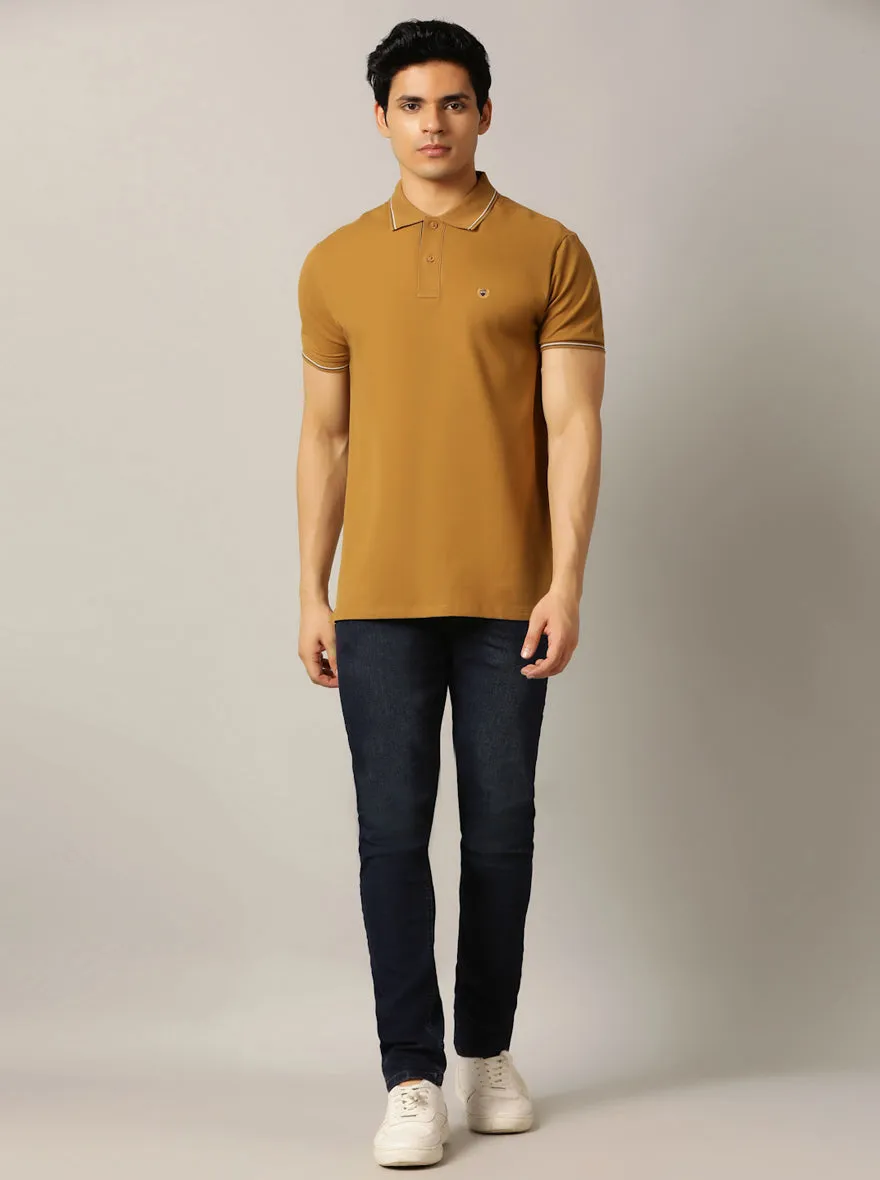 Khaki Solid Slim Fit Polo T-Shirt | JadeBlue