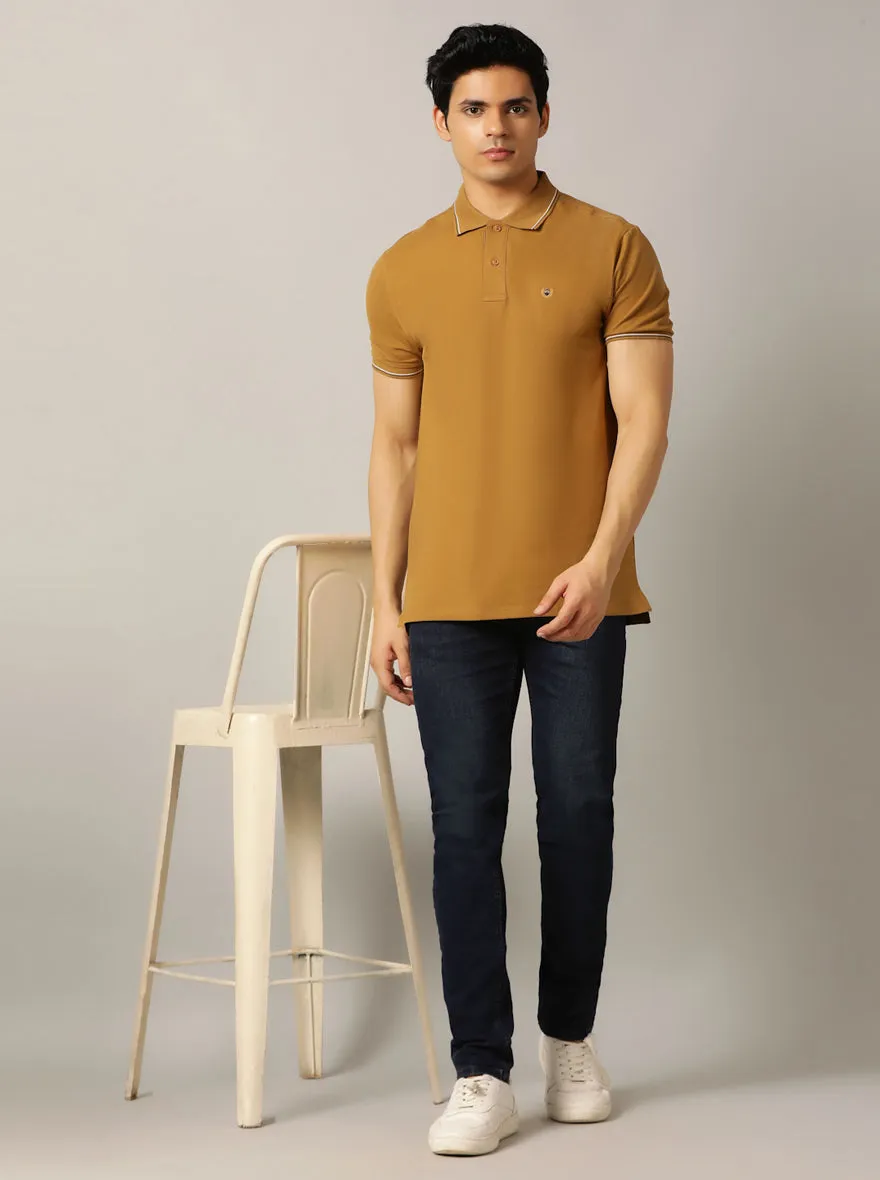 Khaki Solid Slim Fit Polo T-Shirt | JadeBlue