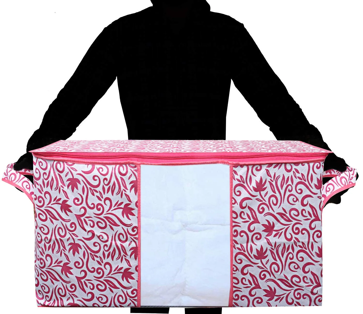 Kuber Industries Leaf Design Non Woven 3 Pieces Underbed Storage Bag, Storage Organiser, Blanket Cover (Pink)-CTKTC021203