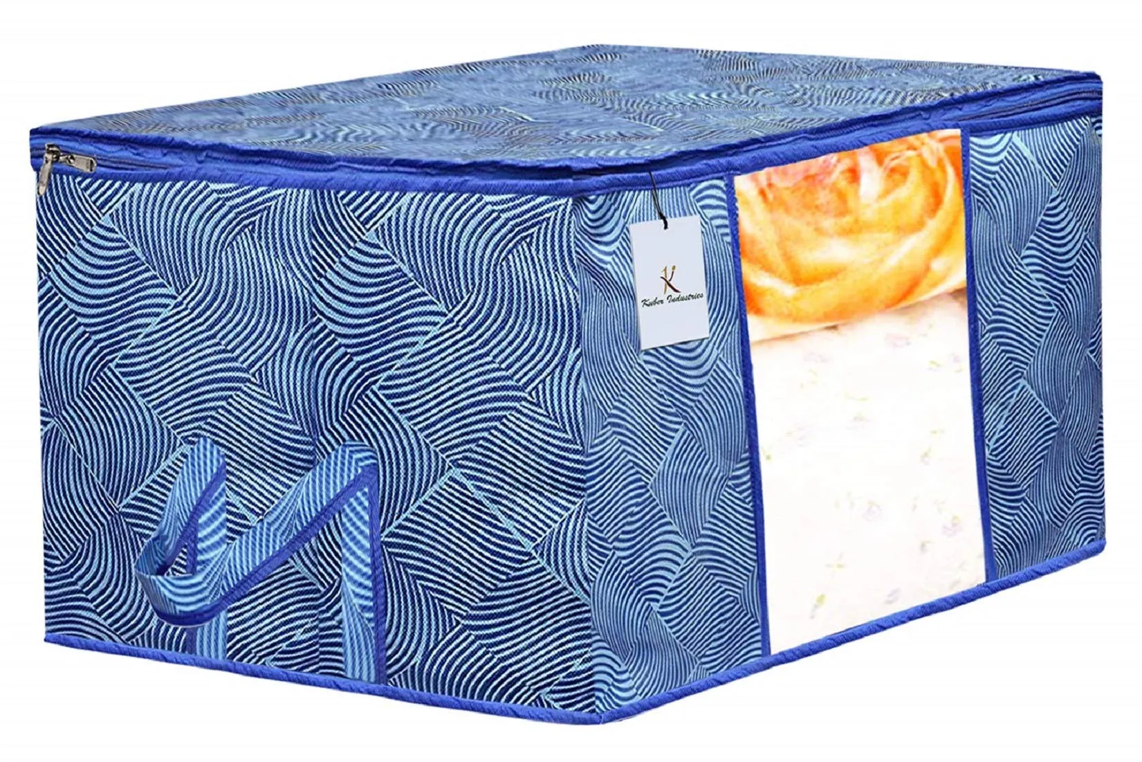 Kuber Industries Leheriya Printed 2 Piece Non Woven Fabric Underbed Storage Bag,Cloth Organiser,Blanket Cover with Transparent Window, Orange & Blue -CTKTC041069