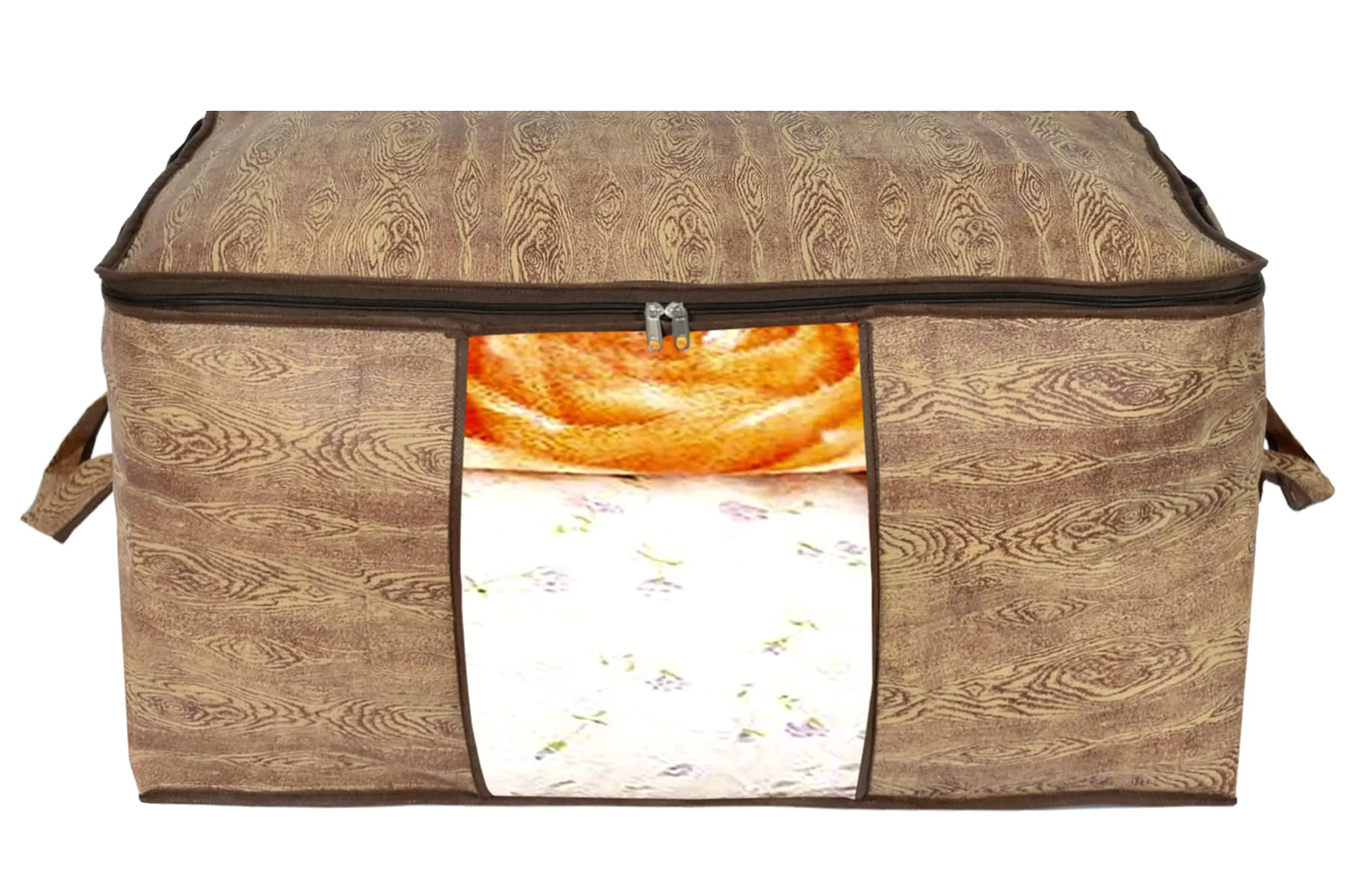 Kuber Industries Wooden Print 2 Piece Non Woven Saree Cover And 2 Pieces Underbed Storage Bag, Storage Organiser, Blanket Cover (Brown)