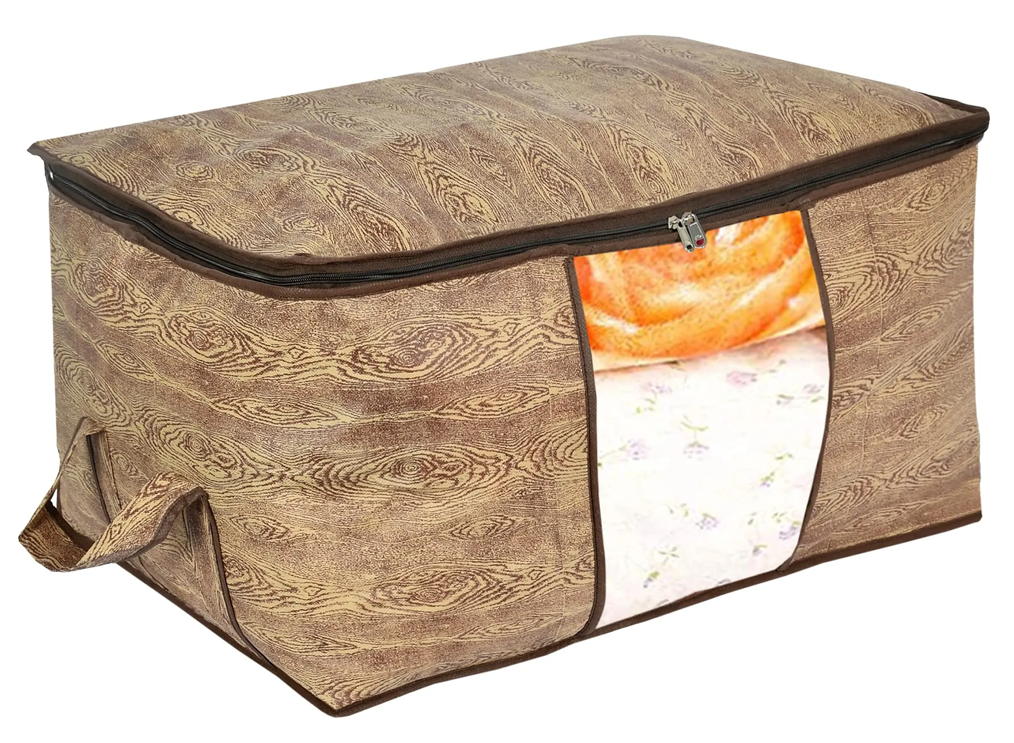 Kuber Industries Wooden Print 2 Piece Non Woven Saree Cover And 2 Pieces Underbed Storage Bag, Storage Organiser, Blanket Cover (Brown)