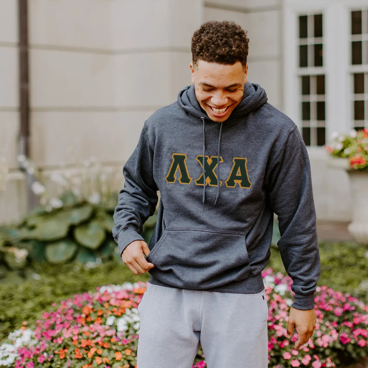 Lambda Chi Dark Heather Hoodie with Sewn On Letters