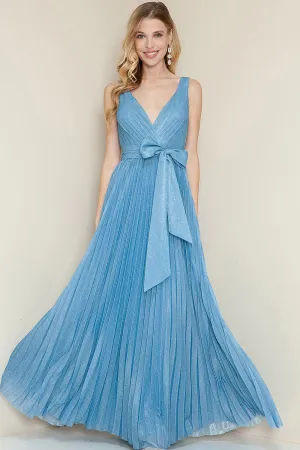 Light Blue Sparkle V Neck Pleated Maxi Dress